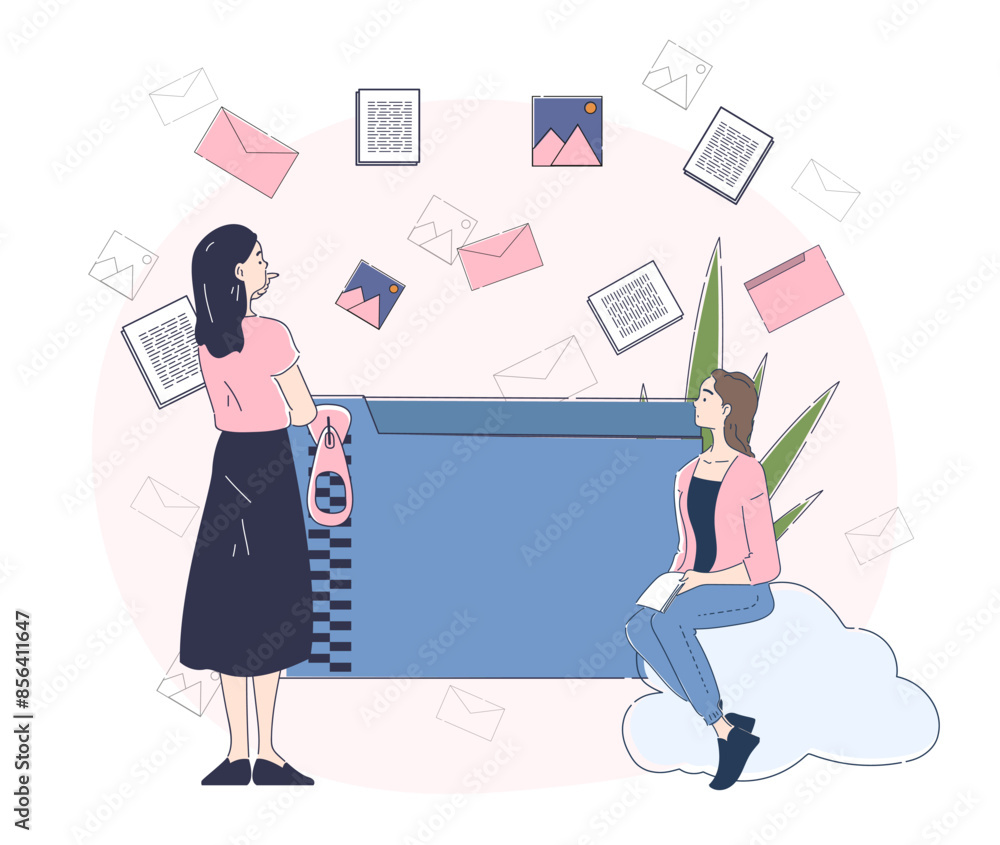 Extract file of computer concept. Two woman near electronic storage or archive. Cloud service and exchanging of information on internet. Linear vector illustration isolated on white background Extract file of computer concept. Two woman near electronic storage or archive. Cloud service and exchanging of information on internet. Linear vector illustration isolated on white background