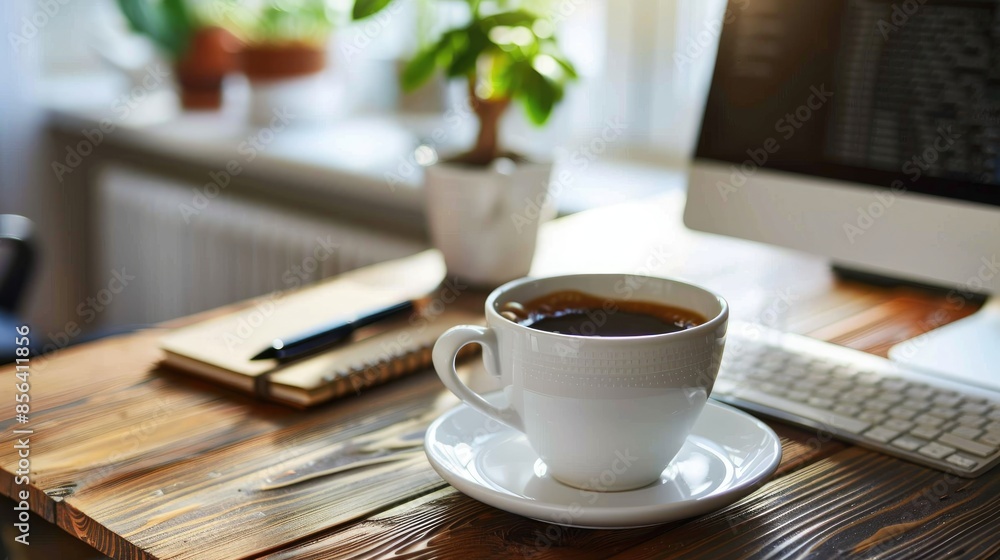 Workplace setup with computer coffee and notebook on wooden surface close up Workplace setup with computer coffee and notebook on wooden surface close up
