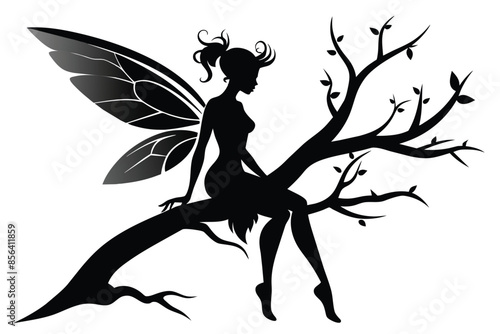 A beautiful fairy sits high up in a tree vecto J.eps