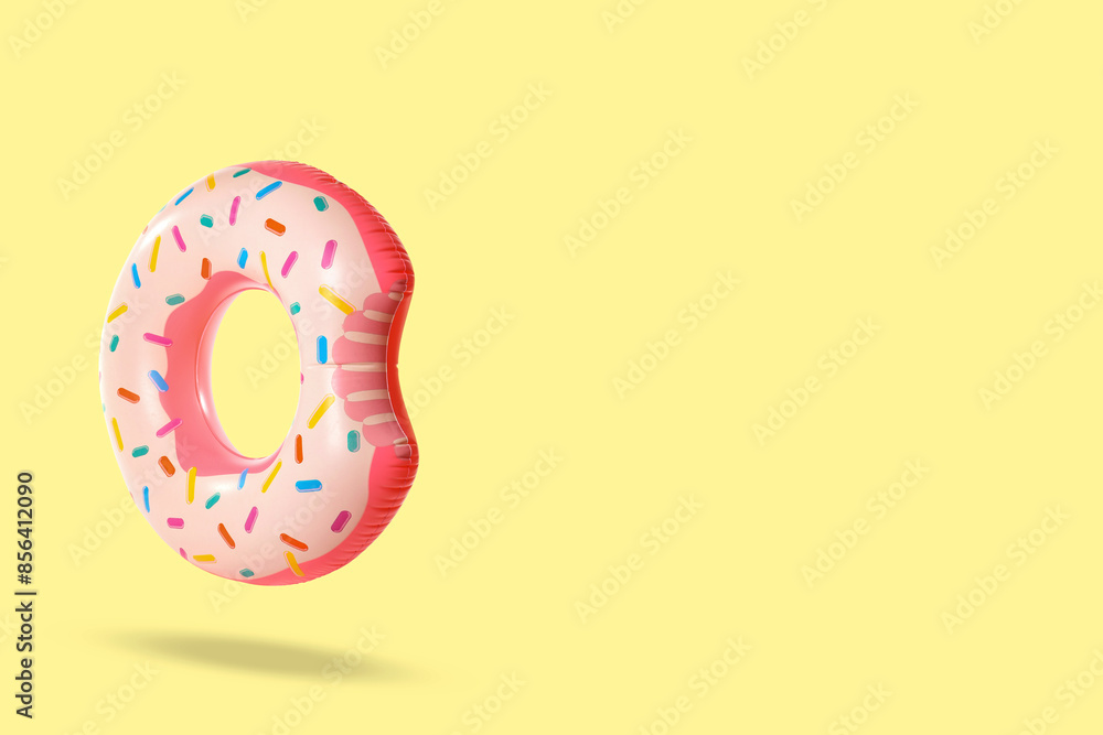 Stylish inflatable donut shaped ring in air on beige background. Space for text Stylish inflatable donut shaped ring in air on beige background. Space for text