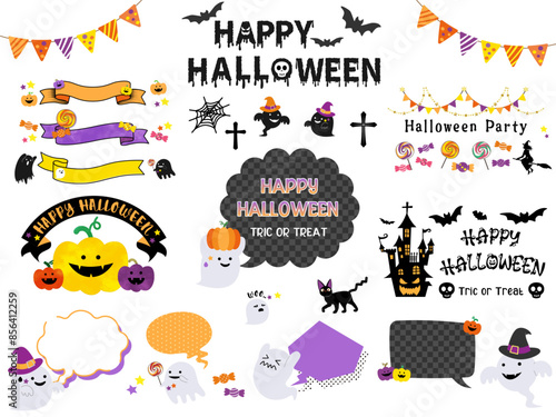 ハロウィンのイラストセット（見出し　タイトル　吹き出し　リボン　ハッピーハロウィーンハーベスト）	
