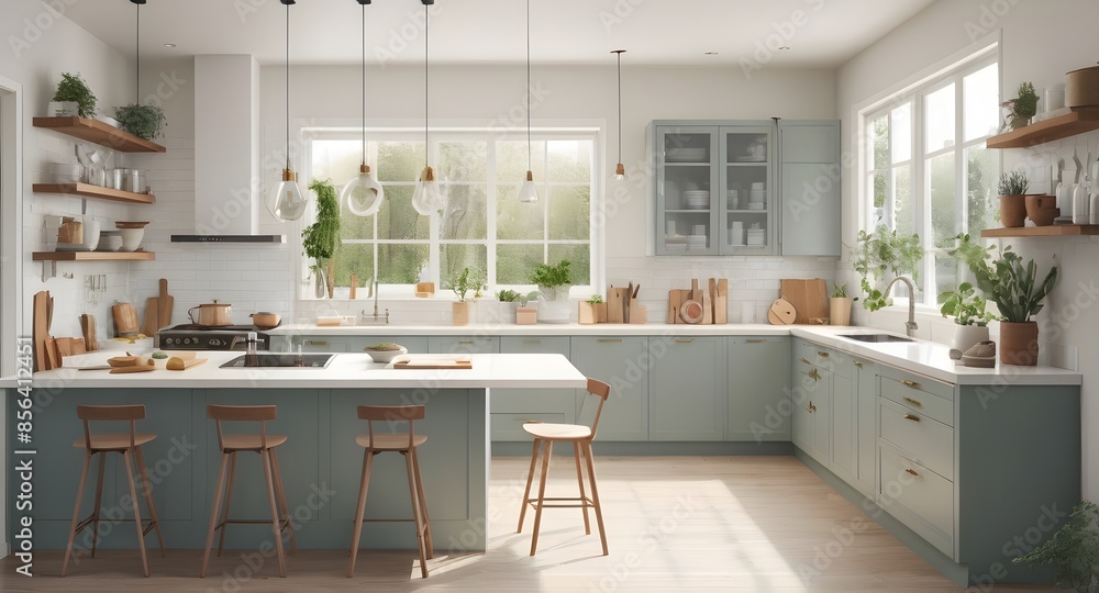 Modern Kitchen with Large Island and Light Blue Cabinets Modern Kitchen with Large Island and Light Blue Cabinets