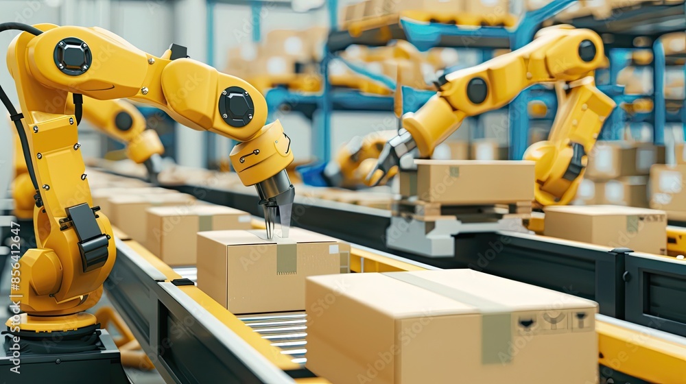 Automated robotic arms sorting and packaging boxes in an industrial warehouse. Advanced technology in logistics for efficient inventory management. Automated robotic arms sorting and packaging boxes in an industrial warehouse. Advanced technology in logistics for efficient inventory management.