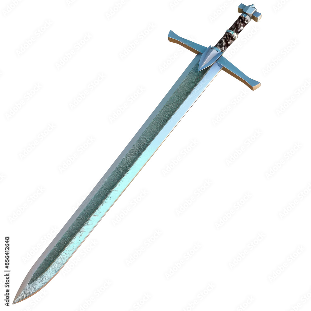 High-quality image of a medieval sword with a shiny blade and detailed handle. Ideal for fantasy themes or historical projects.