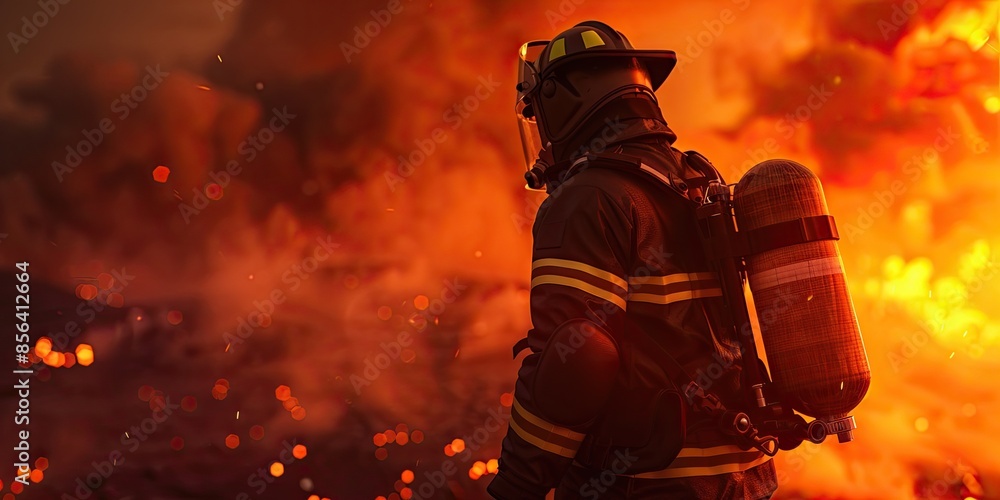 Brave firefighter in full gear battling intense blaze at night. Courageous hero working to extinguish fire and save lives. Smoke and flames fill the air. Brave firefighter in full gear battling intense blaze at night. Courageous hero working to extinguish fire and save lives. Smoke and flames fill the air.