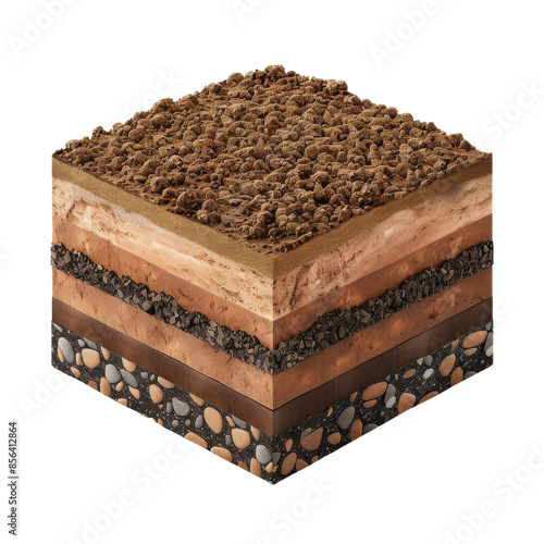 High-resolution cross-section of various soil layers, showcasing geological strata with vivid detail, perfect for educational and scientific use. photo