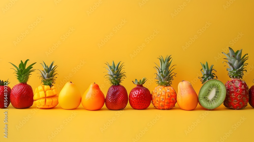 Rainbow of different exotic tropical fruits line yellow. Rainbow of different exotic tropical fruits line yellow.