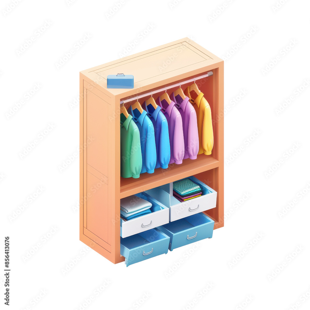 Illustration of a wooden wardrobe with colorful clothes hanging on a rail and various drawers for storage, isolated on a white background. Illustration of a wooden wardrobe with colorful clothes hanging on a rail and various drawers for storage, isolated on a white background.