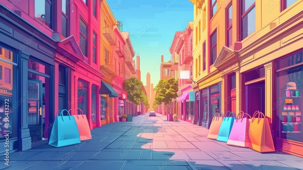 Obraz premium Vibrant street scene with colorful shopping bags in front of stores, under a bright sky. Perfect illustration of retail and urban shopping life.