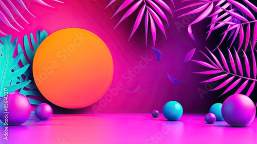 Vibrant abstract background with neon colors, tropical leaves, sphere shapes and pink, orange, and purple gradients.