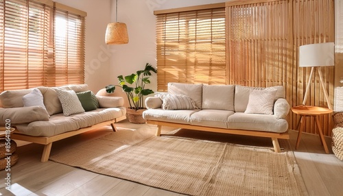 Beige toned wooden living room. Carpets, paper light, venetian blinds, and fabric couch with cushions. Japanese interiors. Generative AI © samuel