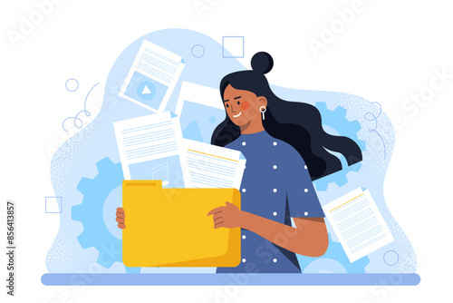 Woman with folder with documents. Young girl with folder and files. Electronic storage and archive, cloud service. Download and upload. Cartoon flat vector illustration isolated on white background