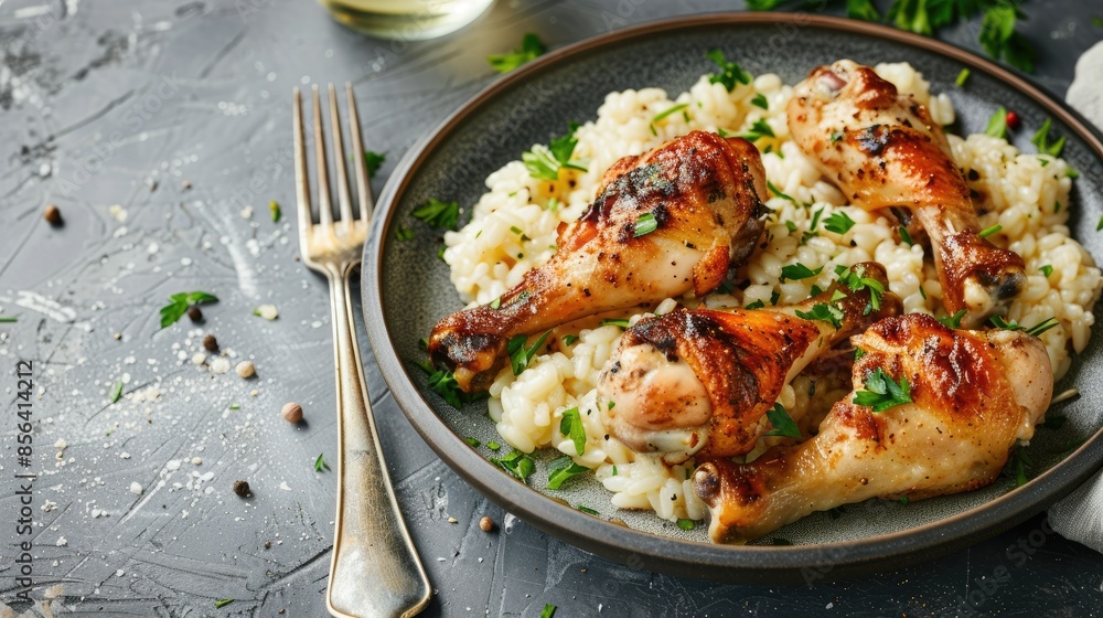 Marinated baked chicken drumsticks and wings with risotto on plate beside fork Empty space Marinated baked chicken drumsticks and wings with risotto on plate beside fork Empty space