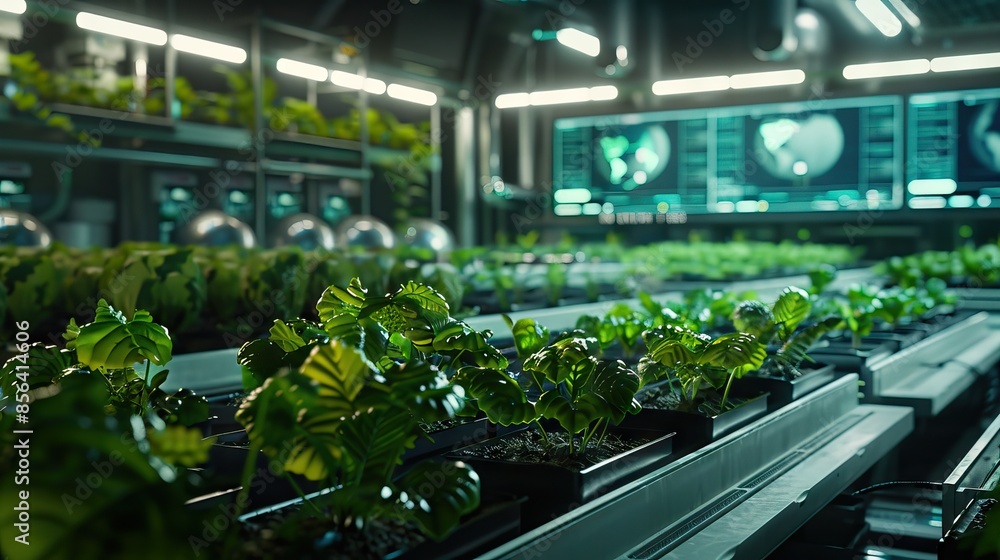 Rows of tomato plants growing inside big industrial greenhouse. Industrial agriculture. AI generated illustration Rows of tomato plants growing inside big industrial greenhouse. Industrial agriculture. AI generated illustration