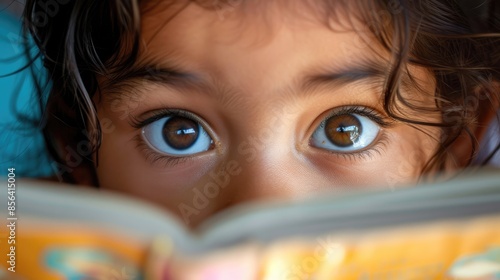 Close up of curious smart children 's eye hiding behind the comic book with blurring background. Elementary student looking at camera surrounded with diverse children. Education concept. AIG42.