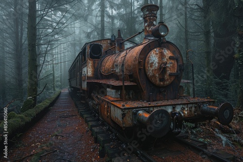 A train is sitting on the tracks in a forest. The train is old and rusty, and it is abandoned. Scene is eerie and mysterious, as the train seems to be out of place in the forest photo