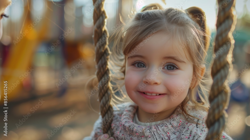 A smiling little girl with pigtails enjoys a sunny day at the playground while sitting on a swing, with autumn colors in the background. A smiling little girl with pigtails enjoys a sunny day at the playground while sitting on a swing, with autumn colors in the background.