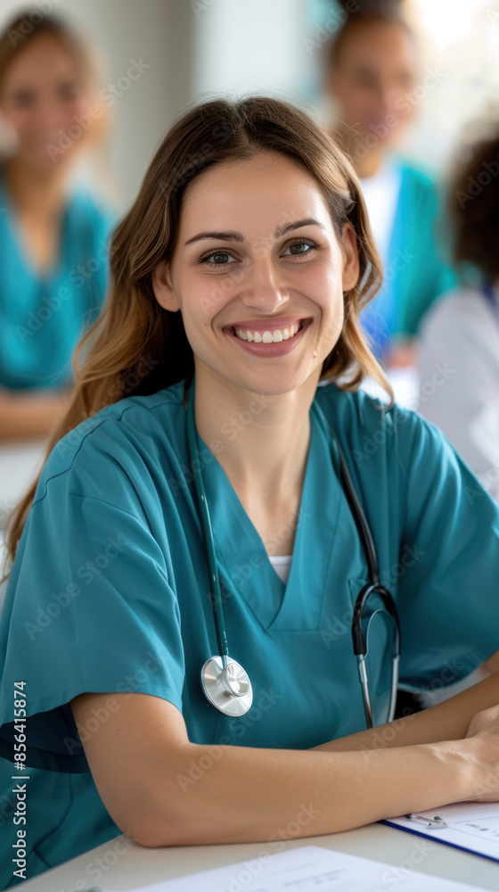 A woman in a blue scrubs is smiling and sitting at a desk A woman in a blue scrubs is smiling and sitting at a desk