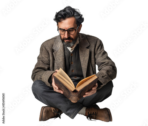 Man reads a book isolated on transparent background