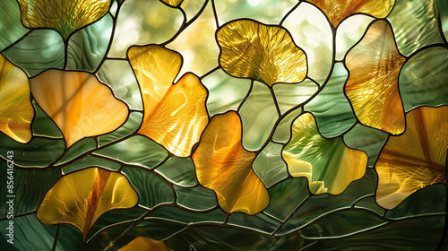 Intricate stained glass artwork featuring vibrant green and orange ginkgo leaves patterns, creating a beautiful and colorful design.
