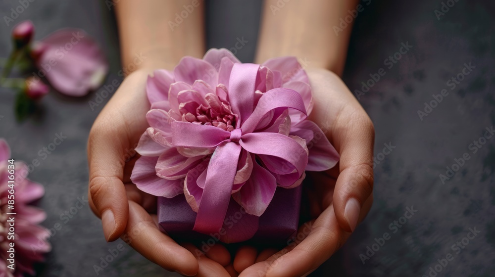 Hands Holding a Gift Wrapped with Purple Ribbon and Flower Hands Holding a Gift Wrapped with Purple Ribbon and Flower