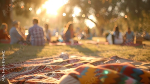 Defocused figures mingle on picnic blankets as music serenades the outdoor gathering. photo