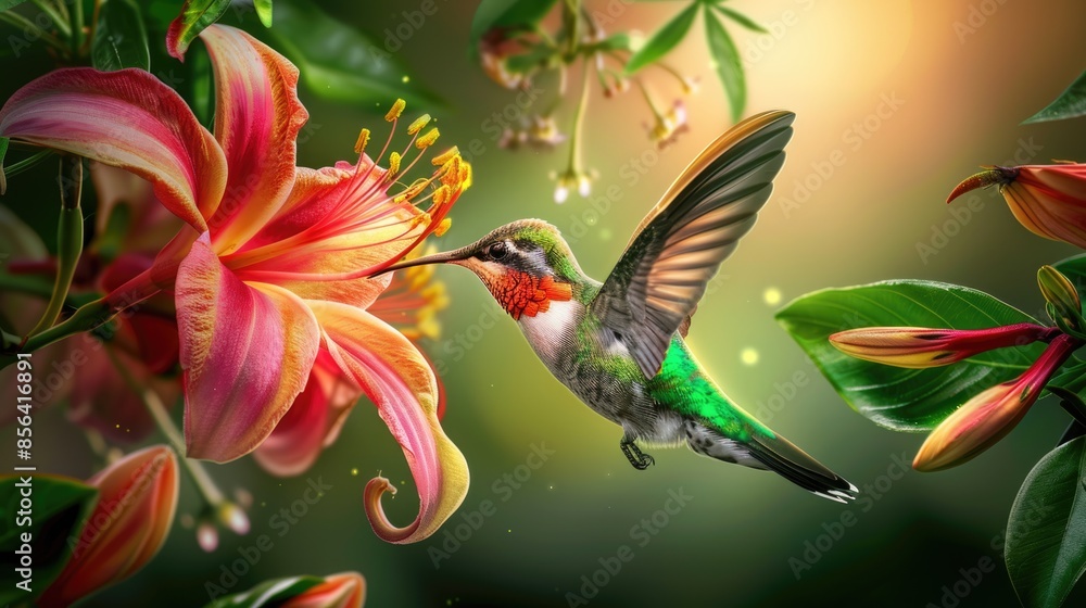 Hummingbird flying to pick up nectar from a beautiful flower. Digital artwork Hummingbird flying to pick up nectar from a beautiful flower. Digital artwork