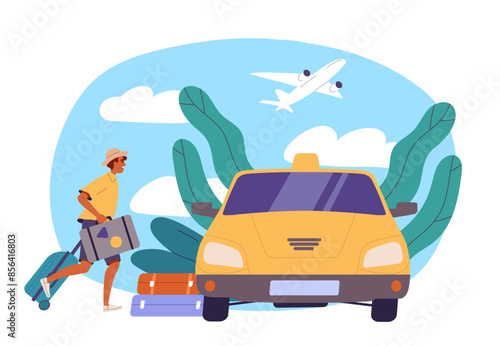 Man runs to taxi. Young guy with bags and luggage runs to car. Tourist and traveler in holiday and vacation. Passenger chasing airplane. Cartoon flat vector illustration isolated on white background