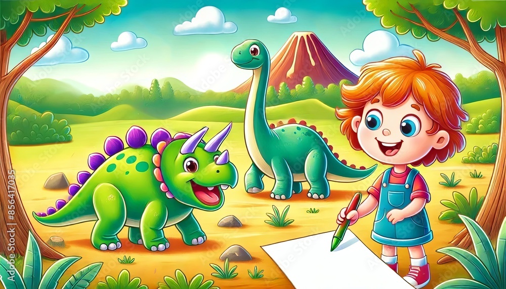 Obraz premium Cartoon scene featuring dinosaurs with girl. The girl is excited and happy, interacting with the friendly dinosaurs