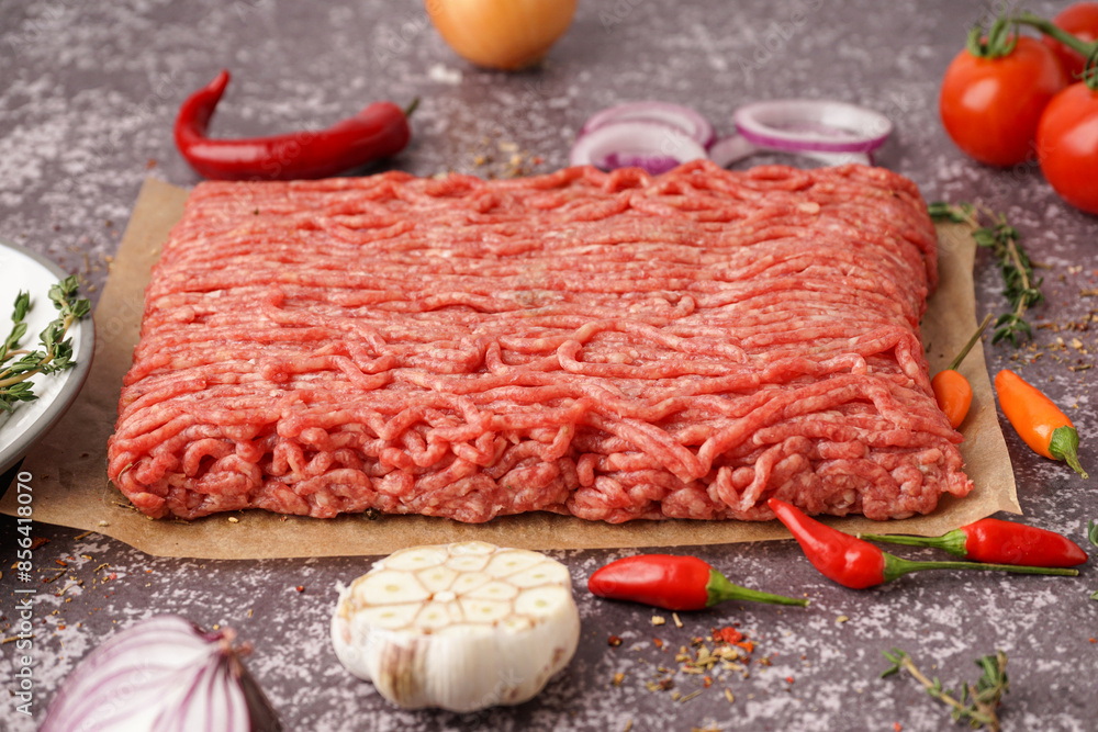 Fresh minced meat with spices on grey background Fresh minced meat with spices on grey background