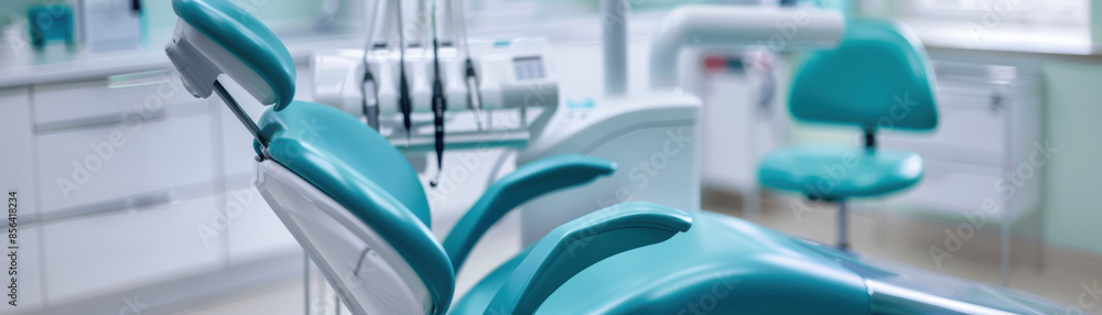 A dentist's office with a blue chair and a white chair A dentist's office with a blue chair and a white chair