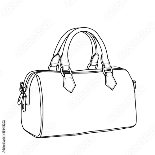Top Handle Bags for Women, Tote Bag Satchel Handbags Shoulder Bag Line art, outline vector doodle illustration front view, isolated on white background