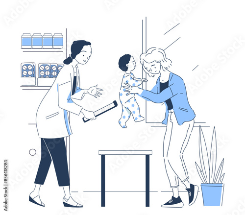 Pediatrician appointment concept. Woman with toddler and baby in hands near doctor. Diagnosis and treatment. Healthcare and medicine. Linear vector illustration isolated on white background