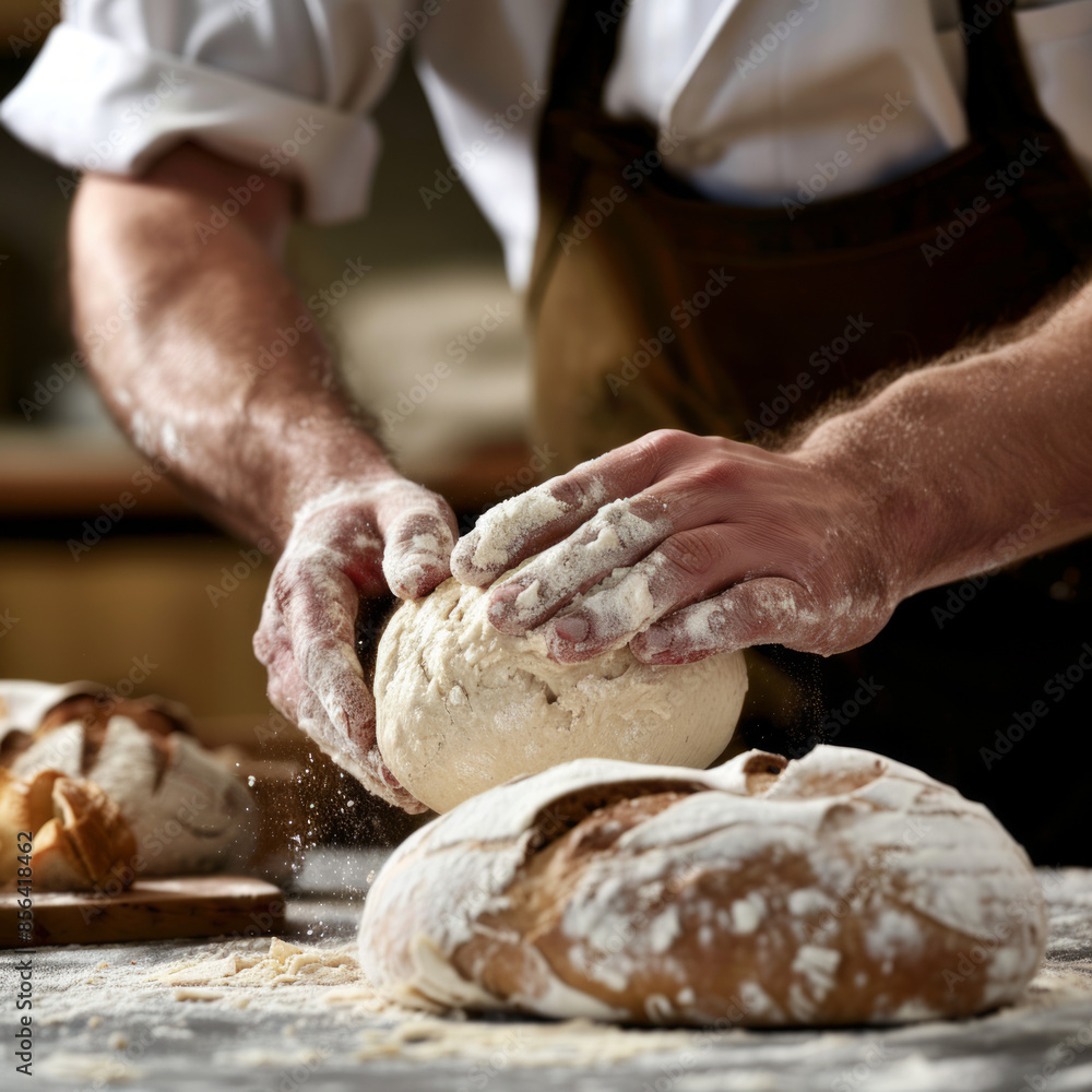 baker kneading dough on table baker kneading dough on table