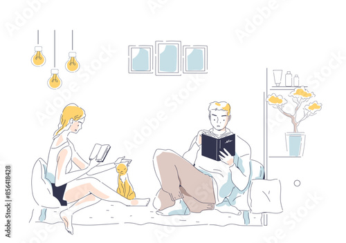 People reading books concept. Man and woman with textbooks and fictions. Love for literature and reading. Education and learning. Cultural rest and leisure. Linear vector illustration