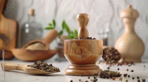 Wooden spice grinder on table with white background photo