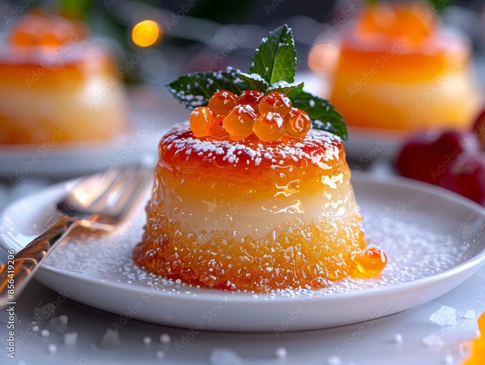 Elegant gourmet dessert with caramel topping and mint garnish on a white plate, garnished with powdered sugar. Perfect for luxurious dining. Elegant gourmet dessert with caramel topping and mint garnish on a white plate, garnished with powdered sugar. Perfect for luxurious dining.