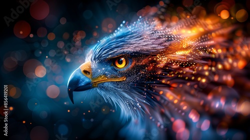Close-up of a vibrant, digital artwork of an eagle with intense eyes and abstract glowing effects in the background. © Narongsak