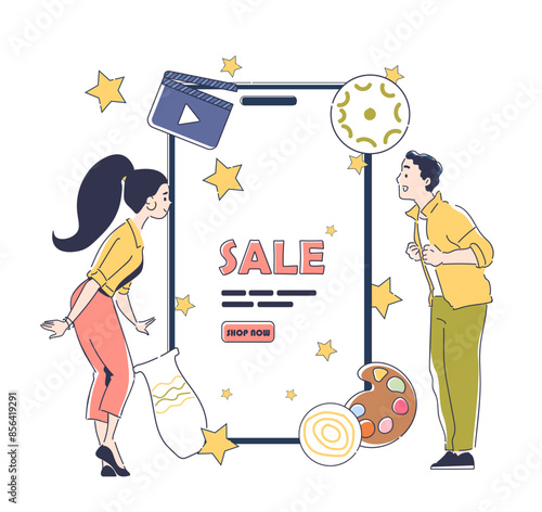 Promoting selling art. Advertising creative content of artists and craftsmen on Internet and social networks. Buying of art objects. Linear vector illustration isolated on white background