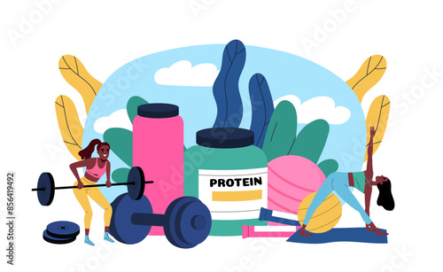 Protein for muscles. Sports nutrition, supplements for muscle growth. Workout and fitness, active lifestyle. Pharmaceuticals for athletes. Cartoon flat vector illustration isolated on white background