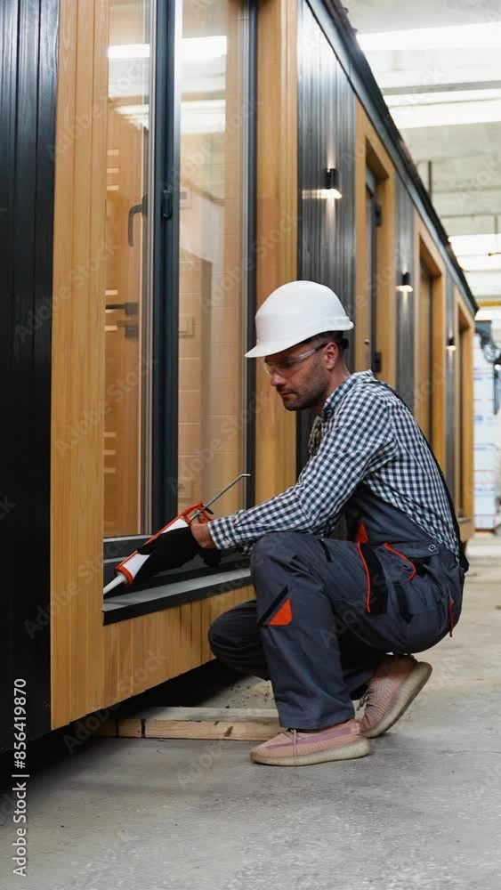 Worker using of foam when installing windows in prefabricated house. Vertical video Worker using of foam when installing windows in prefabricated house. Vertical video