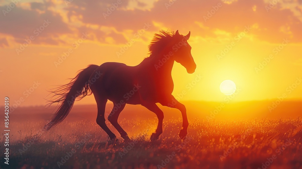 A horse is running in a field with a bright orange sun in the background. A horse is running in a field with a bright orange sun in the background.