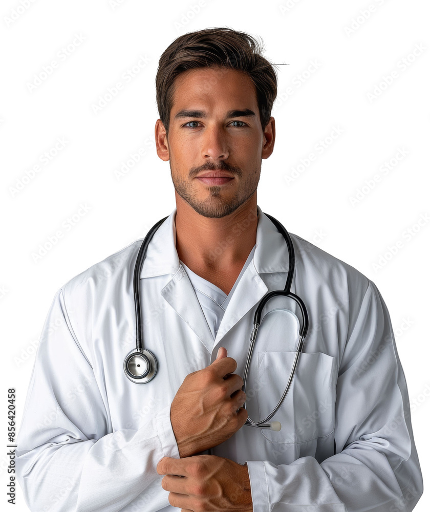 Confident Young Doctor in White Coat with Stethoscope Confident Young Doctor in White Coat with Stethoscope
