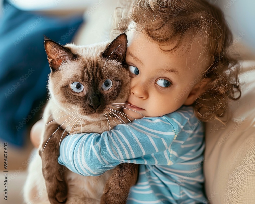 A little girl hugging a siamese cat on the couch. AI. A little girl hugging a siamese cat on the couch. AI.