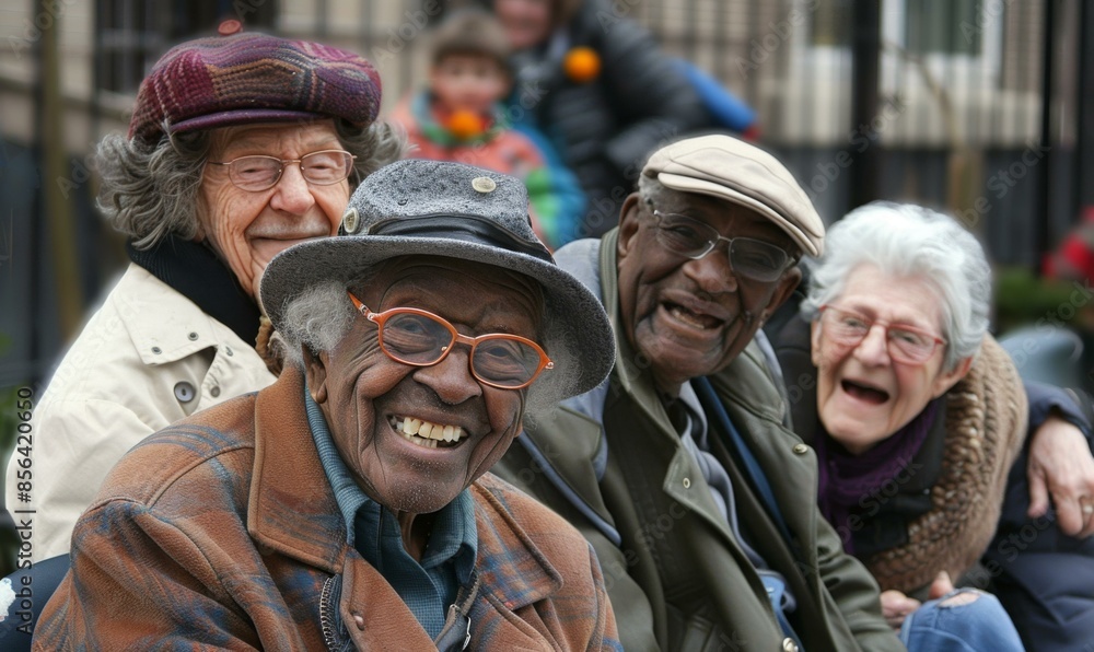Fototapeta premium A group of elderly people sitting together on a bench. AI.