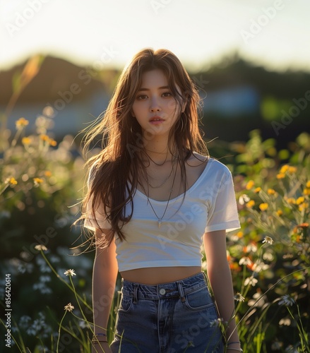 a model woman standing in an outdoor flower garden