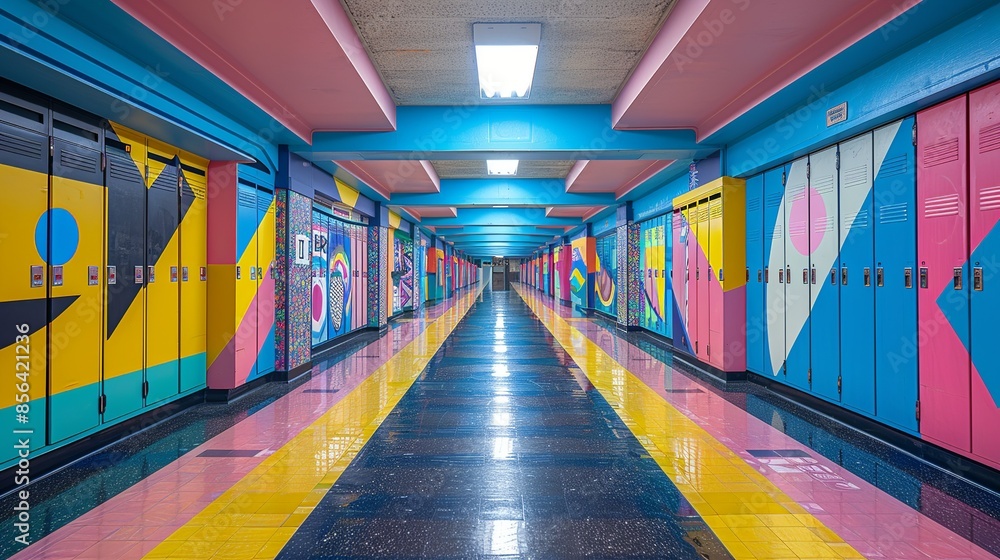 A nostalgic 90s school hallway with lockers decorated in bright colors, posters with big punchy text, and abstract geometric patterns. The colors include blue, pink, and yellow. Illustration, A nostalgic 90s school hallway with lockers decorated in bright colors, posters with big punchy text, and abstract geometric patterns. The colors include blue, pink, and yellow. Illustration,