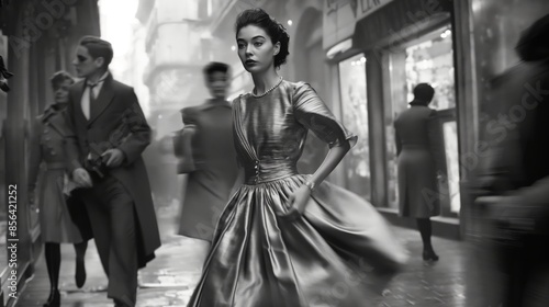 A stylish woman in vintage attire walks through a bustling city street in black and white