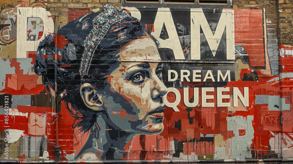 Fototapeta premium Portrait of a woman, DREAM QUEEN, Graffiti on the streets of London Town, abstract art on a wall, 