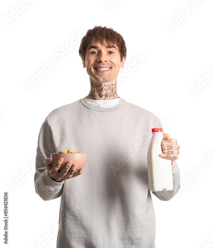Man holding bowl with cerea...